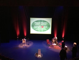 Graeme Swann and Henry Blofeld theatre stage.